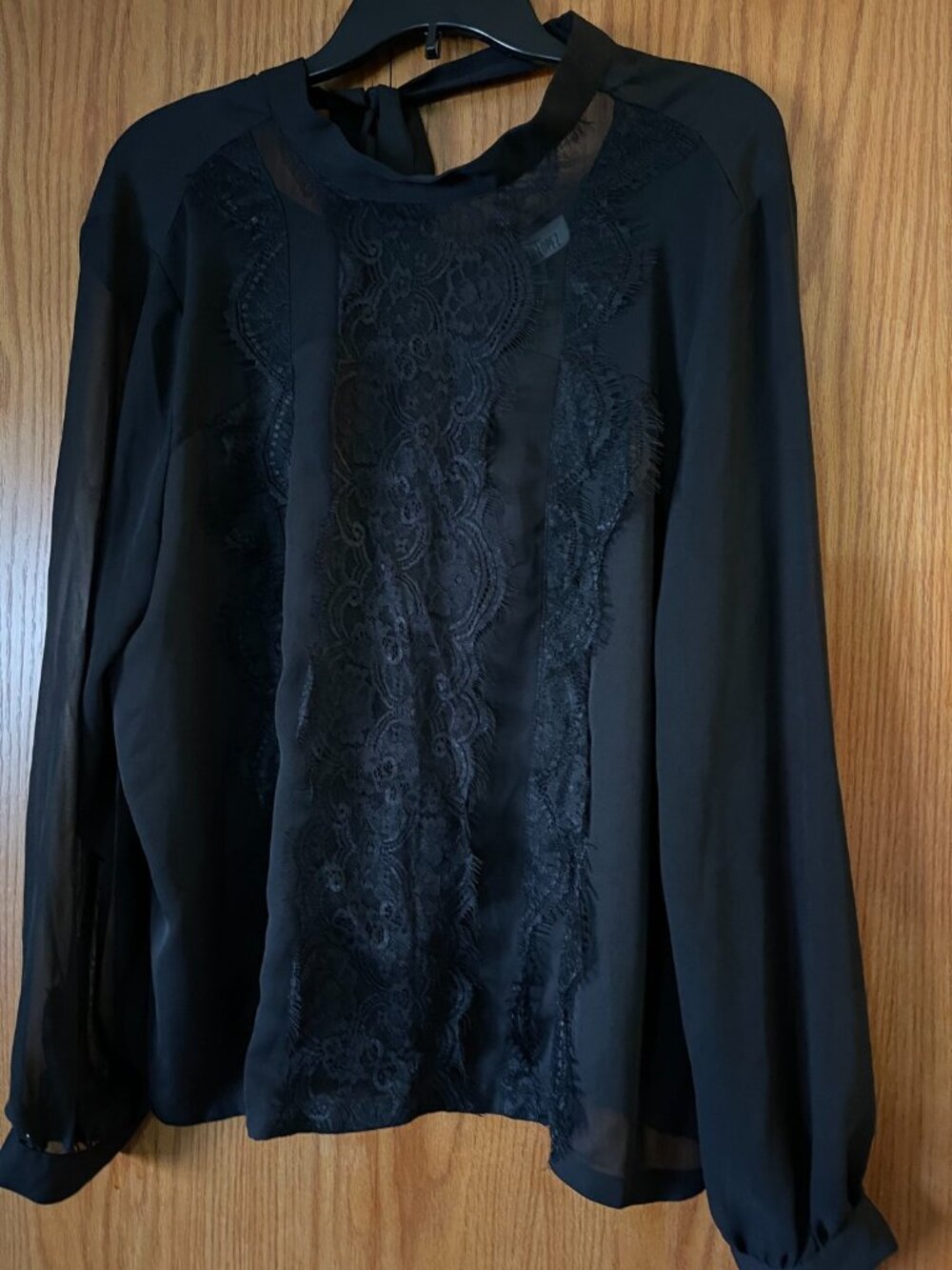 Jennifer Lopez Black Lace Blouse Top Tie Back Long Sleeve US LARGE